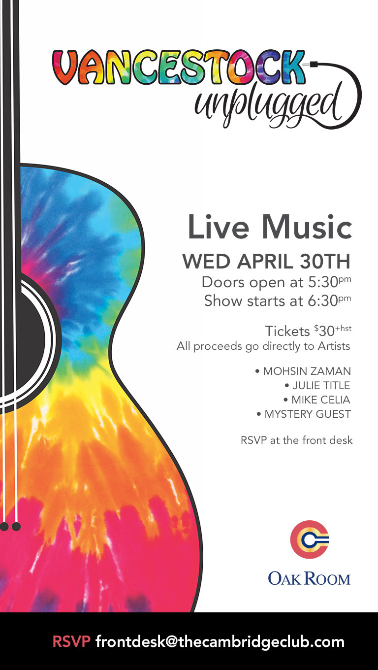 Vancestock Unplugged - April 30th, in the Oak Room - doors open at 5:30pm, show begins at 6:30pm